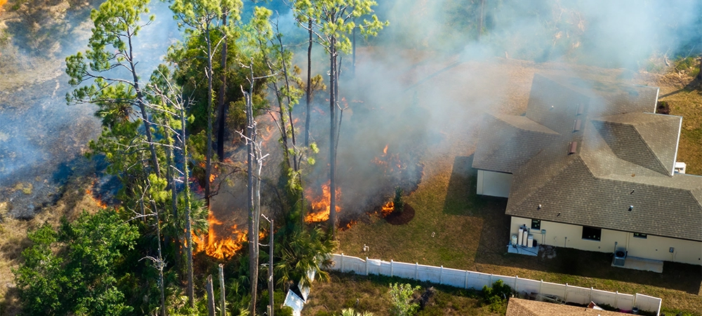 Wildfire spreads rapidly through wooded area near Florida houses, with flames close to residential properties